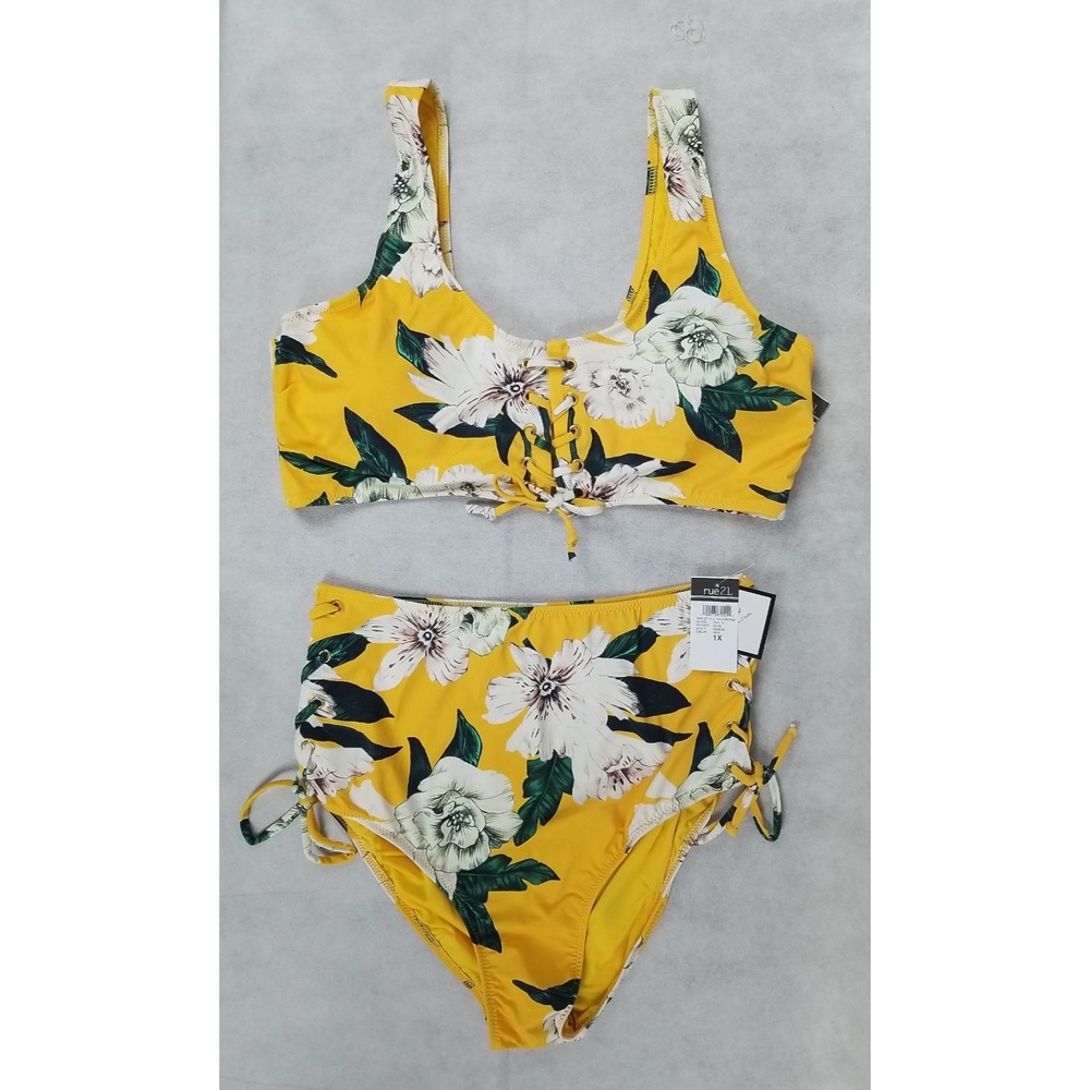 Rue 21‎ Bikini Womens Size 1X Floral High Wiast Swim Bathing Suit Set Yellow NWT